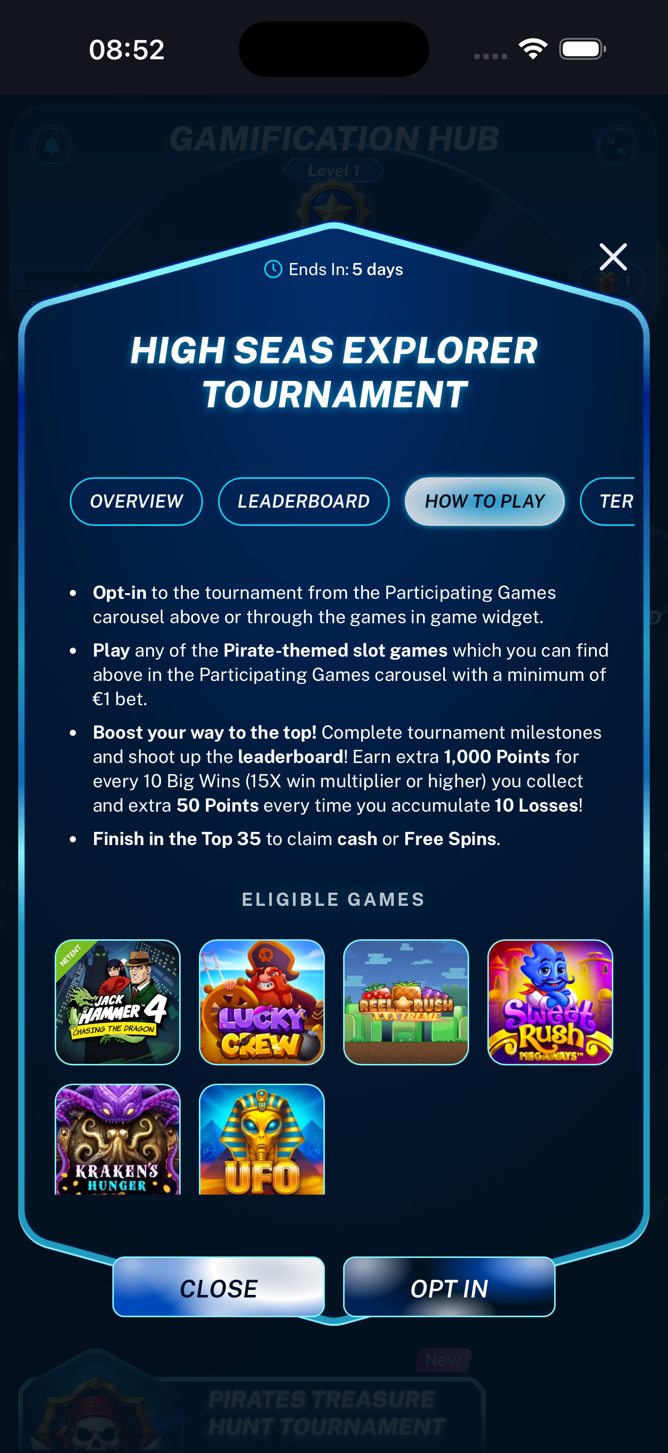 Tournament How to Play tab displayed on a mobile phone